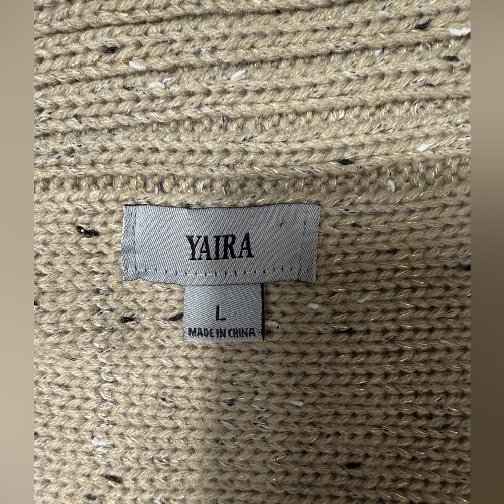 YAIRA Taupe Knit Open-Front Cardigan with Faux Leather Trim (Size L) - Picture 2 of 9